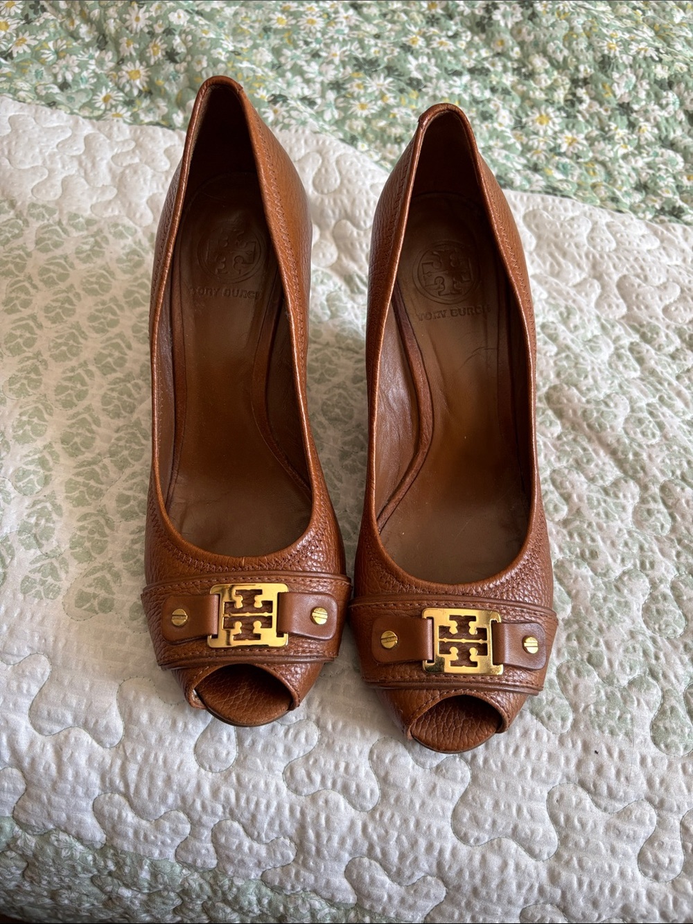 Tory Burch Chestnut Brown Leather Peep-Toe Heels with Gold Logo